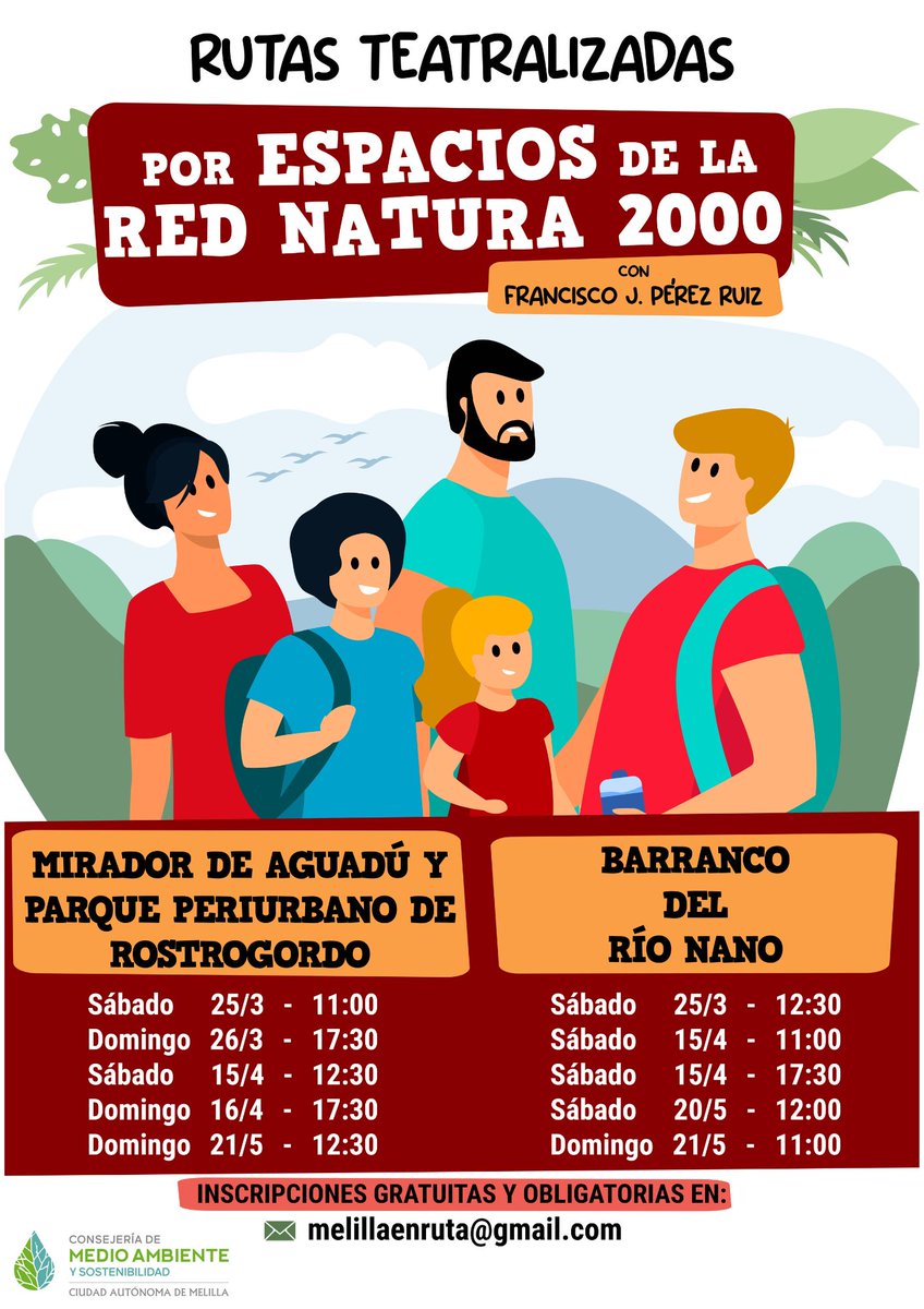 MedioAmbienteML's tweet photo. Medio Ambiente ha organizado rutas teatralizadas por el Mirador de Aguadú, el Parque Periurbano de Rostrogordo y el Barranco del Río Nano. Es necesario apuntarse a través del correo electrónico, especificando el día y horario al que se quiere asistir. 
📩 melillaenruta@gmail.com https://t.co/M5Vi8AmLoc