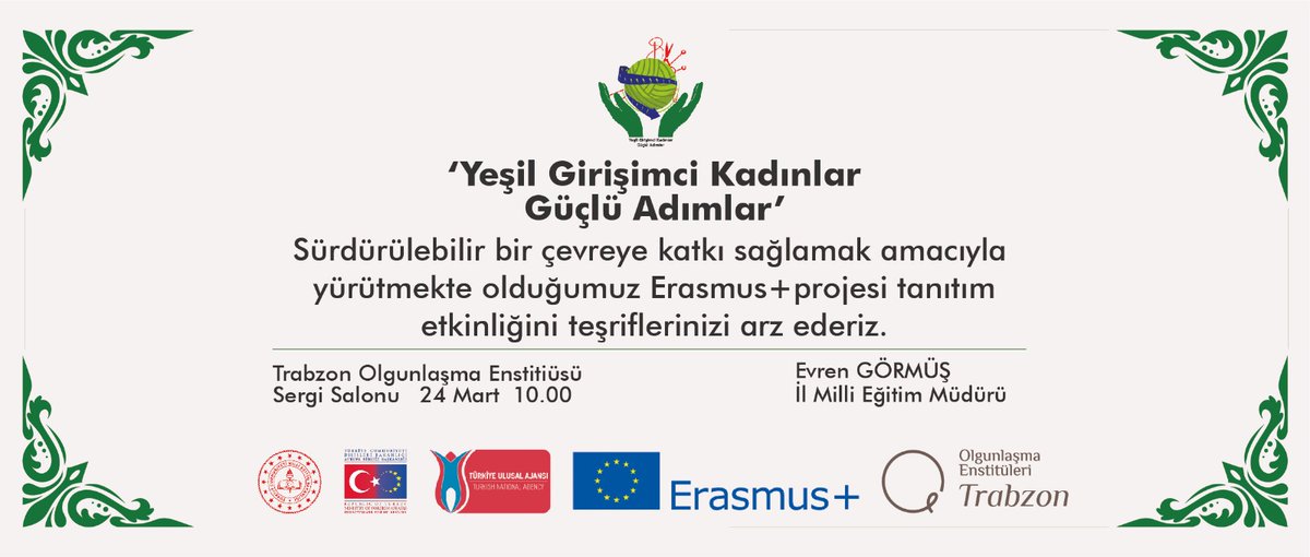 trbznolg's tweet photo. Yeşil girişimi kadınlar, Güçlü adımlar proje sergimize katılımınızı bekleriz...
@tcmeb @Trabzon_MEM @mebhbogm @hbfettahoglu @EvrenGrms @trbznolg @sblkrbn https://t.co/qIHQxZmVD5