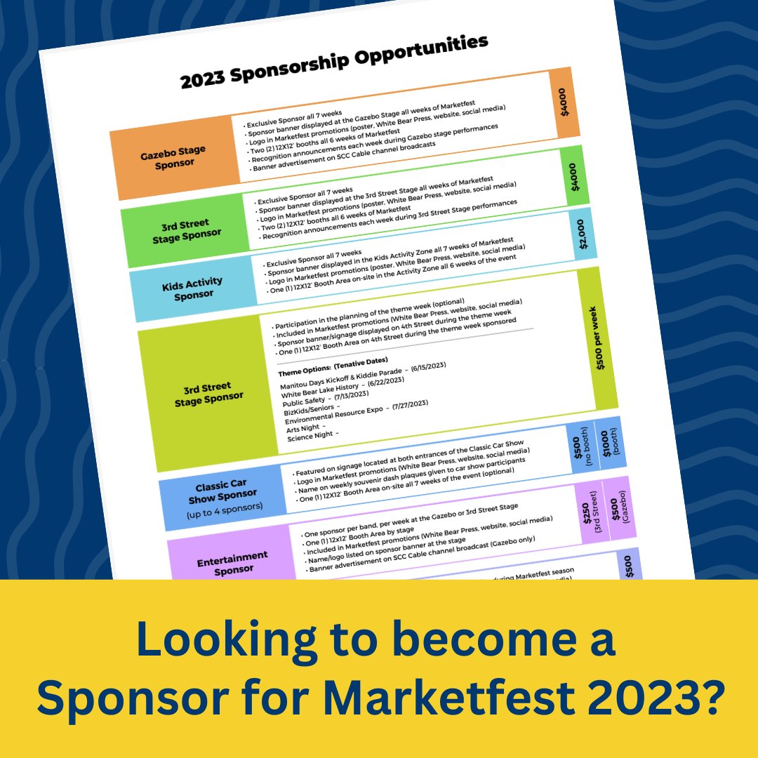 Marketfest's tweet photo. Looking to become a sponsor for Marketfest 2023? 

Sponsoring our festival is a great way to support our community gathering while promoting your business! There are many sponsorship opportunities to consider. Learn more: https://t.co/aefaeAKsYv https://t.co/mDp4LNkOZ7