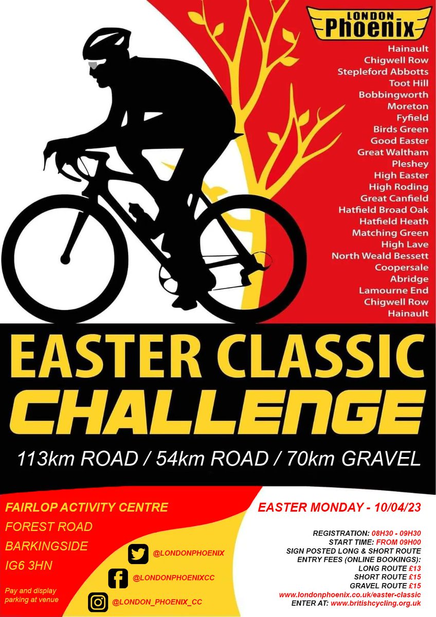 Oops...Note the date is the 10th April!
Join the London Phoenix 2023 Easter Classic Challenge, 113KM Road, 54Km Road and 70KM Gravel routes available. All welcome - you don't need to be in the club to enter! 
Sign up online through British Cycling for only £15.00