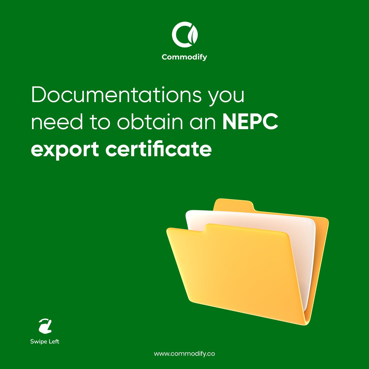commodifyafrica's tweet photo. The Nigeria Export Promotion Council (NEPC) is responsible for granting licenses for agricultural commodities &amp; other non-oil products.

Swipe left to see the required documents to register for export license.

#foodexportbusiness #agroexport #exporttrade #commodify https://t.co/yPV8Luv6Sx