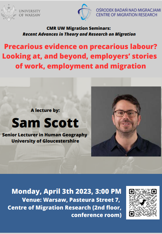 CMR_Warsaw's tweet photo. For your calendars: on April 3 dr Sam Scott @uniofglos will be speaking @CMR_Warsaw on precarious labour from the employers' perspective. Come join us in person! https://t.co/k5ocYTKv8i