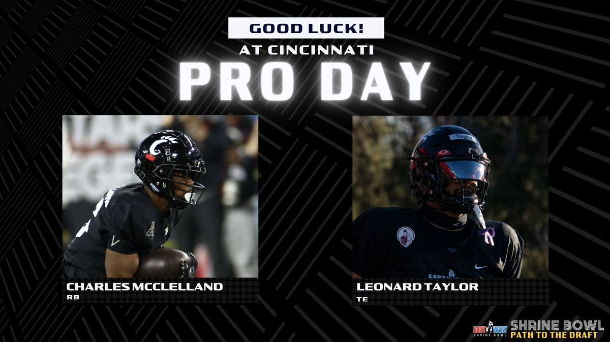 Good luck to our Shrine Bowl players as they take on <a href="/GoBearcatsFB/">Cincinnati Football</a> Pro Day. #Bearcats 

💫Charles McClelland
💫Leonard Taylor (<a href="/_Lenny_T_20/">Lenny T 😛</a>) 

#ShrineBowl #PathToTheDraft