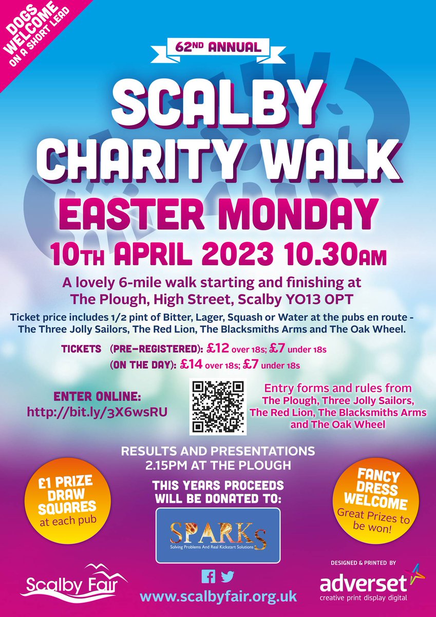 Not long to go until the next Scalby Walk. This year we have a new and improved route utilising the Cinder track, but keeping the same number of pubs!

Enter now to take advantage of the discounted pre registration fee. This year supporting the marvelous local Sparks project.