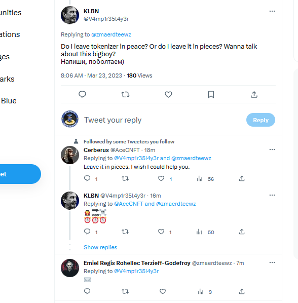 CNFTrug's tweet photo. Exciting Minting Bot Drama: Someone has stolen the Tokenizer code and is threatening to release it.
Tokenizer founders replies "✉️", it seems the two are talking.
#ReleaseTheCode #Leaveinpieces https://t.co/sRwSt2oO9S