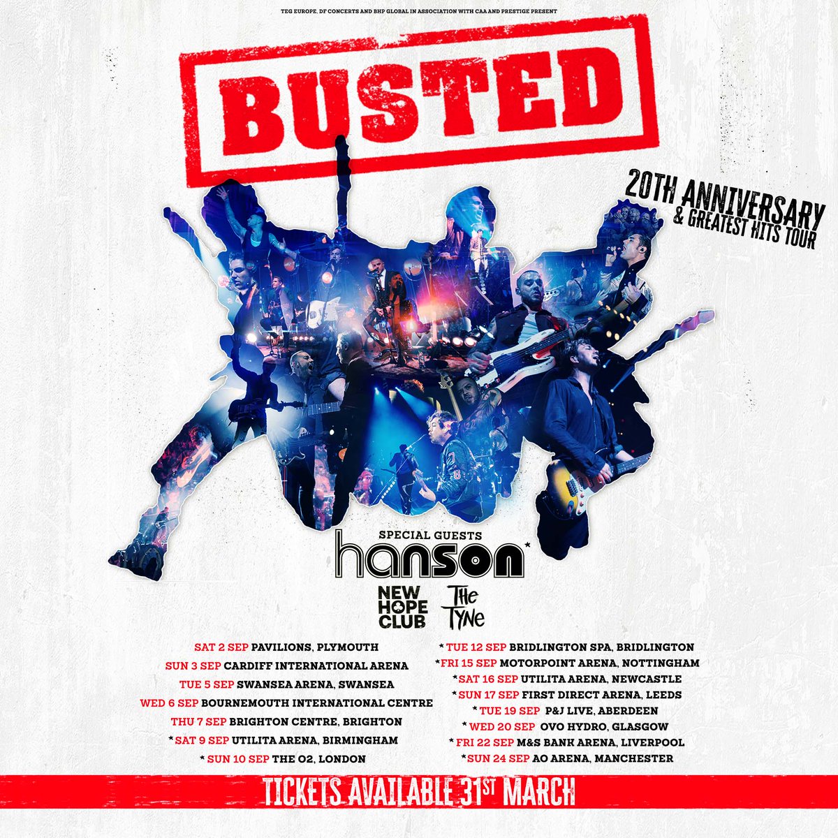 🎸 JUST ANNOUNCED 🎸

Busted announce their 20th Anniversary and Greatest Hits tour coming this September 2023! Joined by Hanson, New Hope Club &amp; The Tyne🌟

🗓️ On sale Fri 31 March at 09:00 >> bit.ly/3TC6zJu

<a href="/Busted/">Busted</a> #BustedGreatestHits