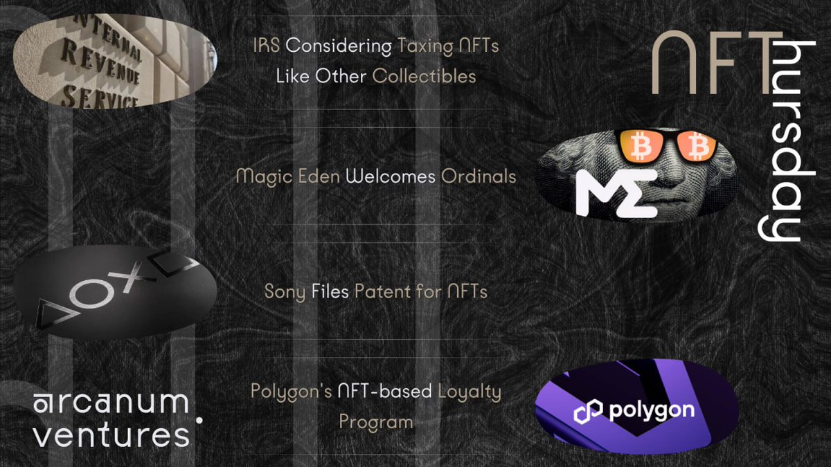 ArcanumVentures's tweet photo. GM!
Another #NFThursday is here and we're celebrating #NFTs once again.
Lots happened this last week including:
- #MagicEden + #BTC #Ordinals
- #Polygon #NFT rewards
- #IRS wants to tax #NFTCommunity
- #Sony going full #web3
🧵 Thread Below ⤵️ https://t.co/gpZ4lgo4z1