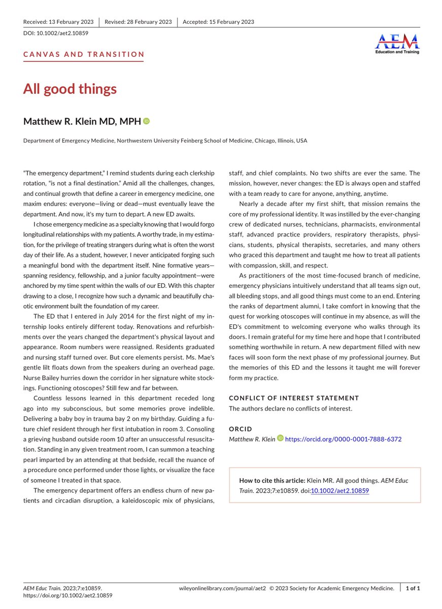 Matt Klein (@mkleinmd) on Twitter photo As I prepare for a new chapter, I’m grateful to <a href="/AEM_ETOnline/">AEMETOnline</a> for publishing this “love letter” to my professional home for the past nine years — the <a href="/NorthwesternEM/">Northwestern EM</a> emergency department
#whyNUEM
#AnyoneAnythingAnytime
doi.org/10.1002/aet2.1… As I prepare for a new chapter, I’m grateful to <a href="/AEM_ETOnline/">AEMETOnline</a> for publishing this “love letter” to my professional home for the past nine years — the <a href="/NorthwesternEM/">Northwestern EM</a> emergency department
#whyNUEM
#AnyoneAnythingAnytime
doi.org/10.1002/aet2.1…