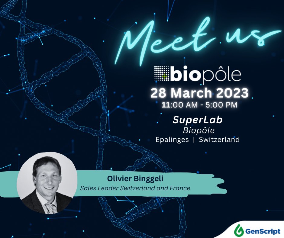 GenscriptE's tweet image. #Switzerland Join us at SuperLab Biopôle located in Epalinges, Switzerland on March 28th, 2023, between 11:00 AM and 5:00 PM, to connect with GenScript expert Olivier Binggeli!
We look forward to seeing you there!😄
#SuperLabBiopôle #GenScript #ScientificAdvancements