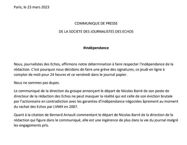 La rédaction des Echos entame une grève des signatures pour protester contre l'éviction brutale de Nicolas Barré. Plus que jamais, nous avons besoin d'un journal économique puissant et indépendant