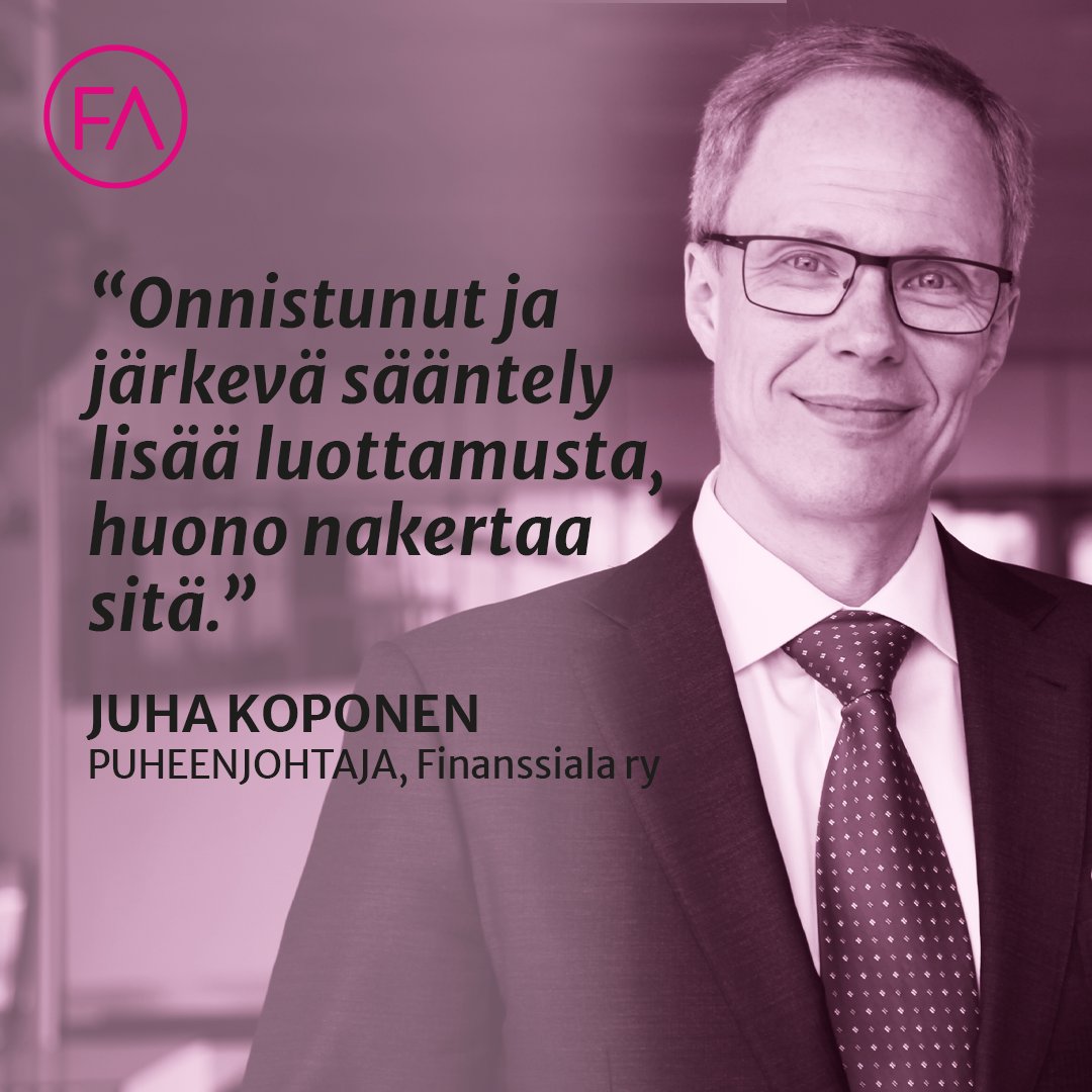 Finanssiala on yksi säännellyimpiä ja valvotuimpia talouden sektoreita. Näin tuleekin olla. Finanssimarkkinoilla olennaisin tuotannontekijä on luottamus, jota pyritään vahvistamaan sääntelyllä ja varmistamaan riittävällä valvonnalla, sanoo @JuhaKoponen finanssiala.fi/uutiset/finans…