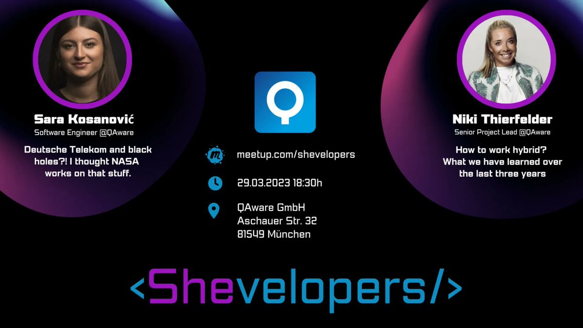 qaware's tweet image. 🕳️ What do black holes and hybrid work have in common? 👩‍💻

Let&apos;s find out on March 29th! 
Join the upcoming @shevelopers #meetup with 2 talks from our colleagues Sara Kosanović &amp;amp; Niki Thierfelder. Don&apos;t miss it! 👉 bit.ly/3IqVjKO

#cloudnativenerd #shevelopers #womaninIT