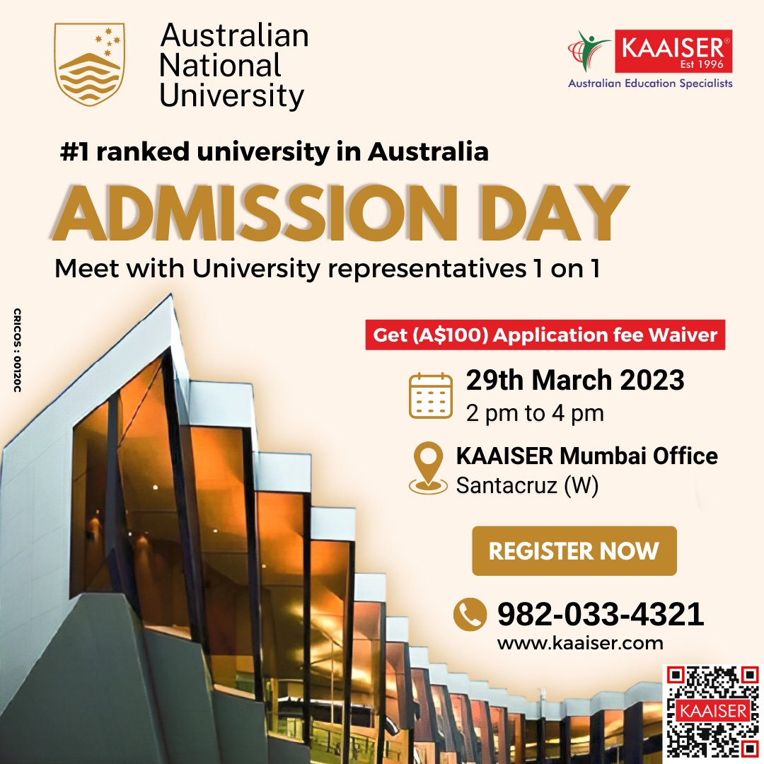KaaiserAus's tweet photo. Australian National University Representative come to Mumbai Kaaiser Office 

Meet Australia No 1 University on 29th March 2023 

Register Now 982-033-4321 

#ANU #Kaaiser #australiannationaluniversity  #mumbai #study #studyinaustralia #studyabroad #admission #university https://t.co/Kc7ZKohyS3