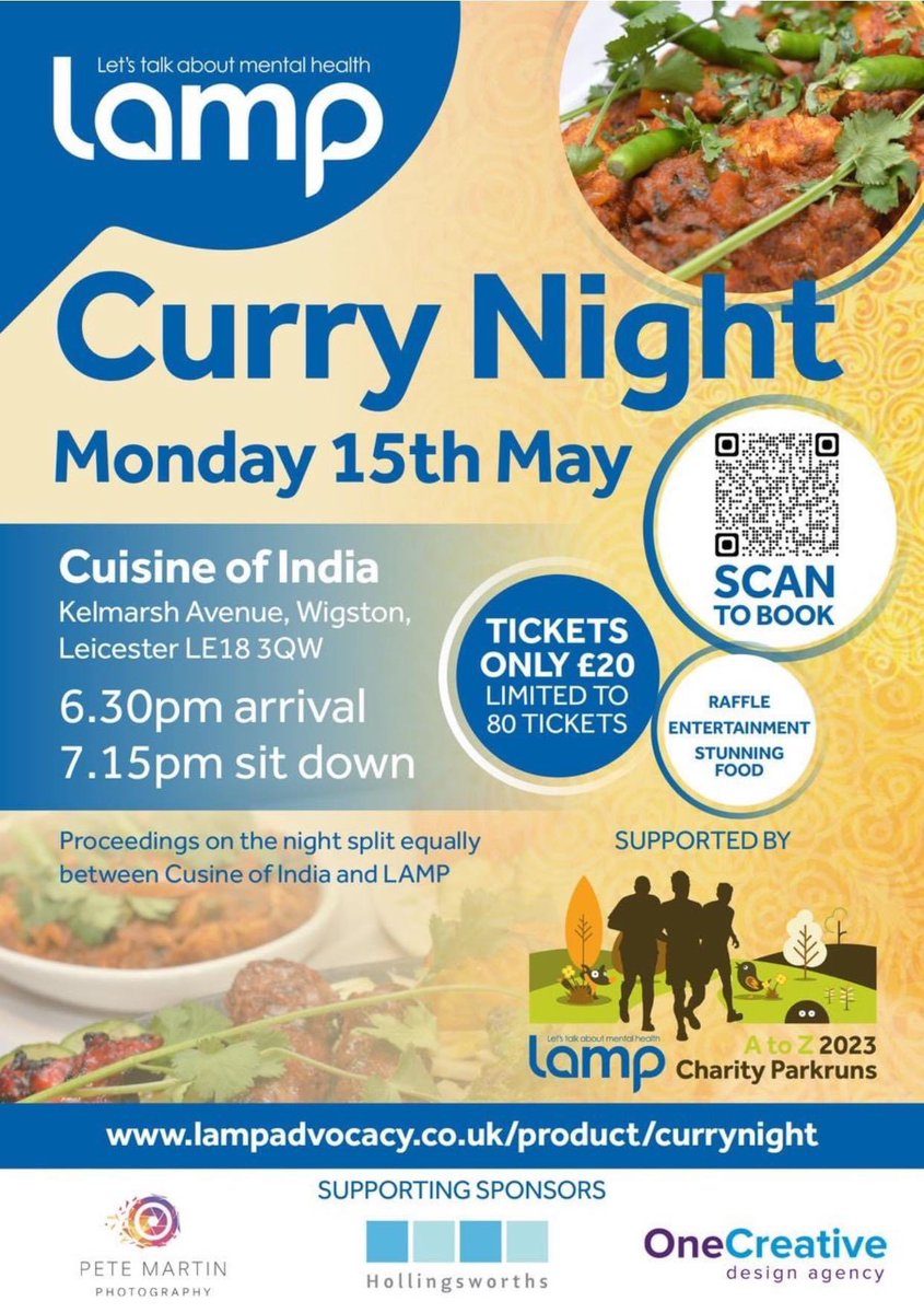 Greg Hollingsworth (@greghollingswth) on Twitter photo My good friend <a href="/PeteMartinPhot1/">Pete Martin Photography</a> has organised a curry night in aid of @LAMPadvocacy
🎫 £20
But if you can’t make it, please buy a ticket for a carer! You’ll give a carer an evening out and be donating money to #mentalhealthsupport in #Leicestershire and #Rutland
#charity My good friend <a href="/PeteMartinPhot1/">Pete Martin Photography</a> has organised a curry night in aid of @LAMPadvocacy
🎫 £20
But if you can’t make it, please buy a ticket for a carer! You’ll give a carer an evening out and be donating money to #mentalhealthsupport in #Leicestershire and #Rutland
#charity