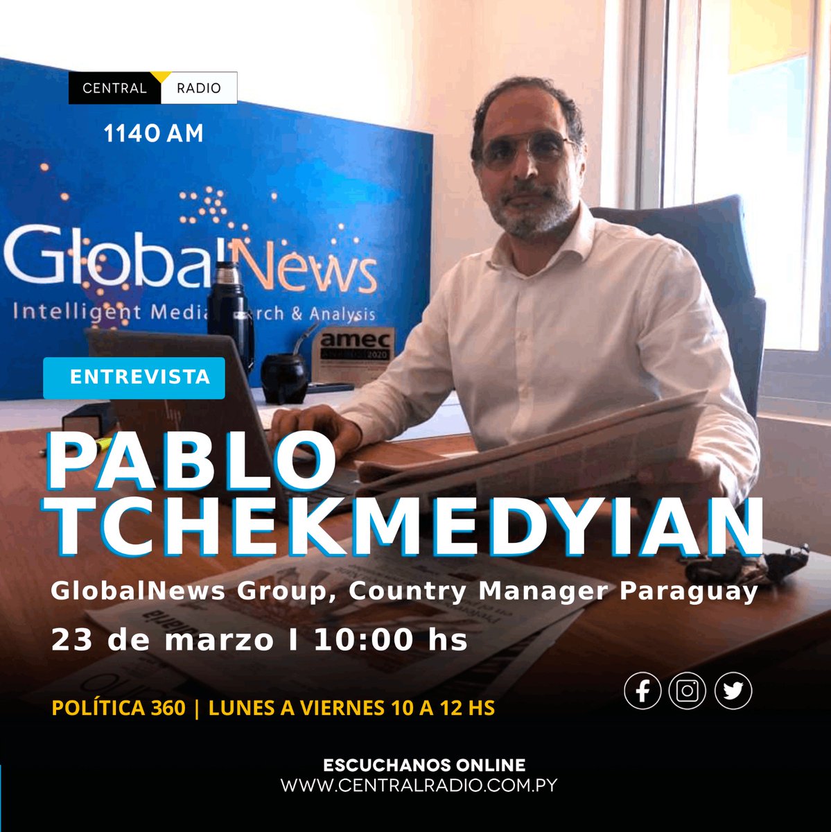 centralradiopy's tweet photo. #POLITICA360 Informe de Repercusiones Regionales de los Presidenciables de cara a las Elecciones Generales Paraguay 2023.

Nos acompaña @pablotchek  Country Manager de @globalnewsgroup https://t.co/8DoouXx8NR