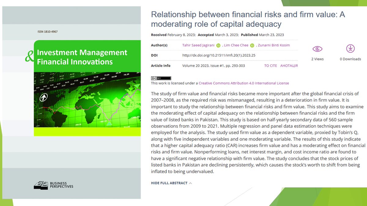 imfi_journal's tweet photo. 🔗 https://t.co/upa6Ur8vLe
📝 Relationship between financial risks and firm value: A moderating role of capital adequacy
👥 Tahir Saeed Jagirani , Lim Chee Chee , Zunarni Binti Kosim
#capitaladequacy, #costincomeratio, #firmvalue, #netinterestmargin, #nonperformingloans https://t.co/ULpNOF7vYN