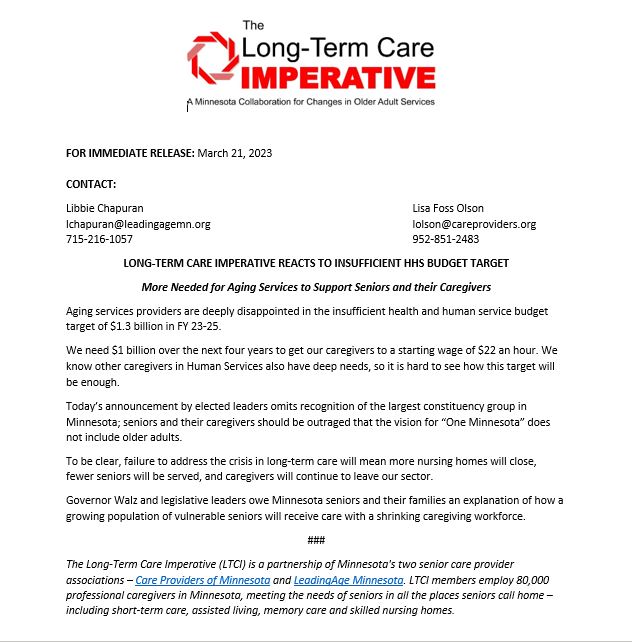 LTCImperative's tweet photo. 📢 @LTCImperative reacts to #mnleg's insufficient health and human services budget targets. Read the full statement, below. 👇 https://t.co/alKHuGhy5F