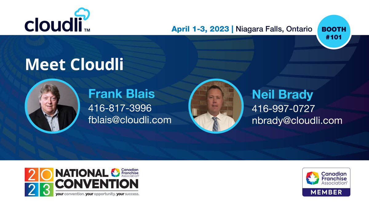 getcloudli's tweet photo. Want to know how cloud-based communications can elevate your business communications and empower your team to work from virtually anywhere? Meet our experts Frank Blais and Neil Brady at #CFA2023 at booth #101.
#Cloudli #CloudBusinessPhone #HostedVoIP #App #Franchises https://t.co/j0A9UVkuiW