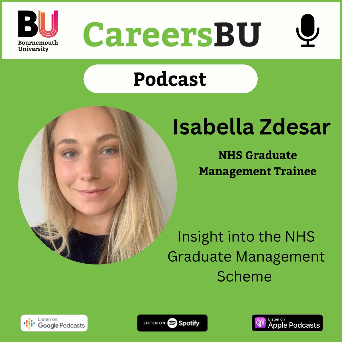 BUcareersweb's tweet photo. 🎧 NEW EPISODE 🎧

Discover the NHS Graduate Management Scheme with Isabella Zdesar, an NHS Graduate Management Trainee. Learn how she turned her passion for health into a non-clinical role &amp; get tips on applying. Listen now on Spotify, Apple or Google! #NHSGradScheme #CareersBU https://t.co/CnzKJhm3N7