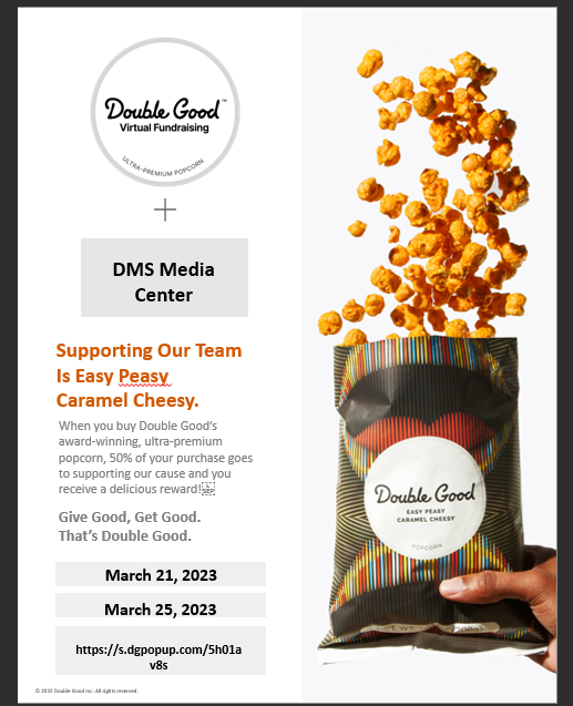 GrdmsMedia's tweet photo. The DMS Double Good Popcorn Online Fundraiser for the Media Center ends Saturday, 3/25/23 at 8:00 A.M.  Don't miss out on this amazing popcorn -- the Media Center appreciates your support! @genraydavis @RockdaleSchools 
https://t.co/wmDfREIZ97 https://t.co/RatFZlK30l