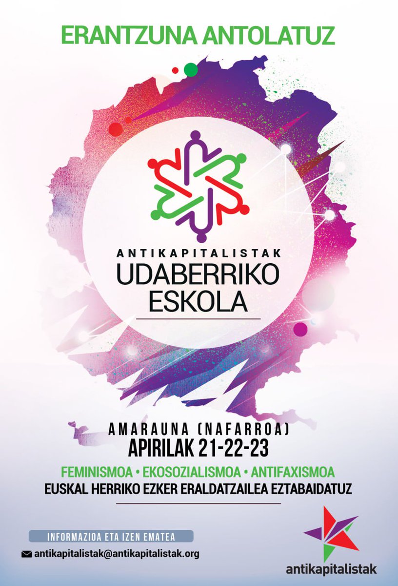 antikapitalista's tweet photo. Adi‼️

Badator Antikapitalistak-en Udaberriko eskola. 

Amaraunan, apirilaren 21tik 23ra. Eztabaida, solasaldiak, tailerrak, aisia. Euskal ezkerretik erantzuna antolatuz, animatu eta parte hartu! https://t.co/OO5m4AUYzI