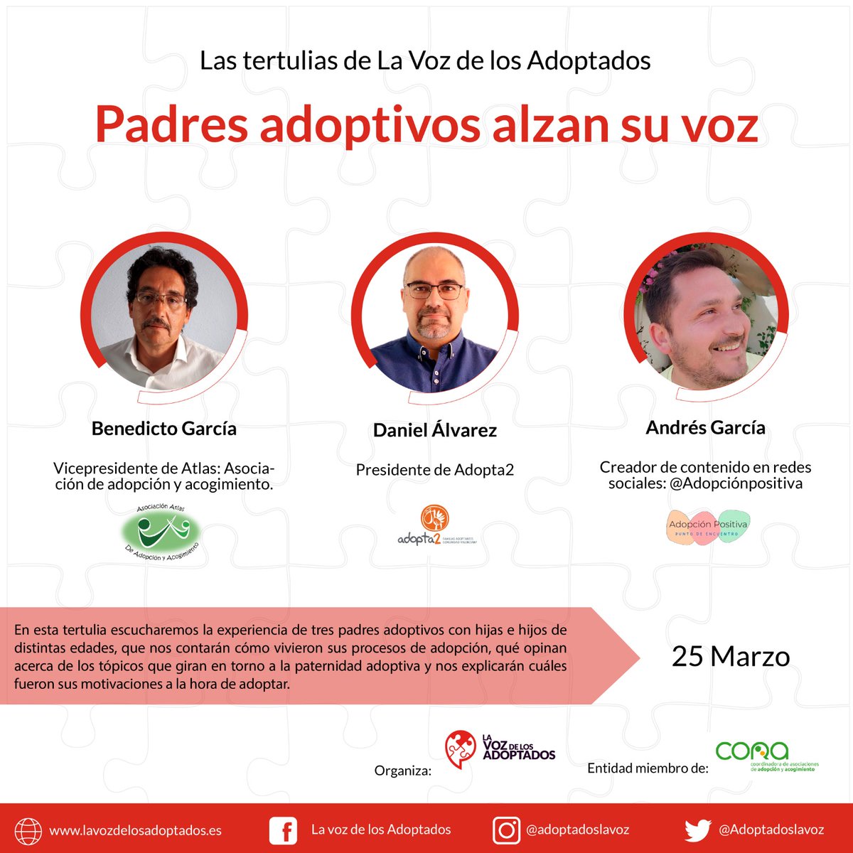 TERTULIA de <a href="/adoptadoslavoz/">LaVozdelosAdoptados</a> | 👨‍👦👨‍👧‍👦👨‍👧 Padres adoptivos alzan la voz 👉🏼Testimonio de tres padres adoptivos 📅 ESTA TARDE ⏰ 17 a 19 (hora Madrid)
📍Sin necesidad de inscripción 📍 Compartiran en enlace en sus redes sociales 15 min antes de las 17hs