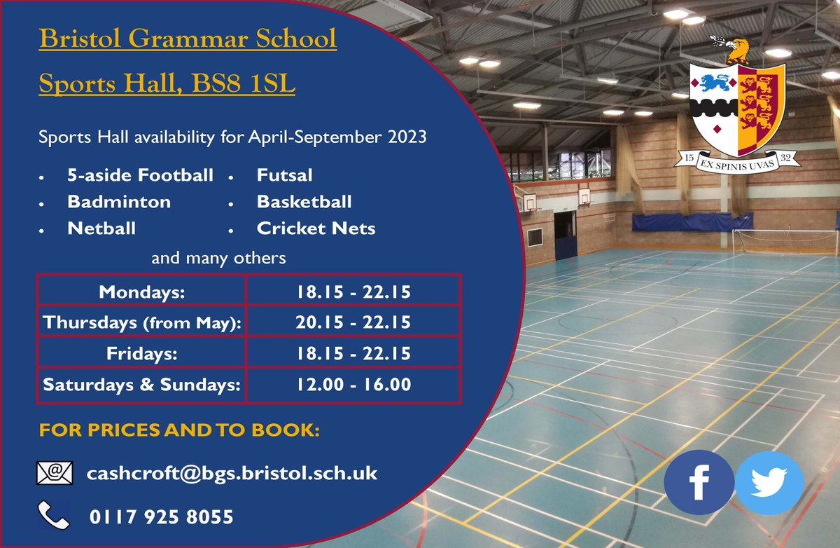 We have availability in our Sports Hall throughout April and the summer months. 
Located in the centre of #Bristol, it's the perfect location to play #sport!
One-off &amp; block bookings available!
#Football #Futsal #Badminton #Basketball #Netball #Cricket 
<a href="/swsportsnews/">South West Sports News</a> <a href="/BGSBristol/">BristolGrammarSchool</a>