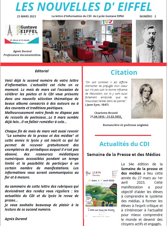 ErmontLycee's tweet photo. 📢 Cher.e.s followers,
vous l'attendiez avec impatience , le LPO Gustave EIFFEL @ErmontLycee à le plaisir de vous proposer le 2ème numéro de notre lettre d'information du CDI
"Les Nouvelles d'Eiffel".
#profsdoc
#acversailles
#lyceepro https://t.co/OsIZkycAl4