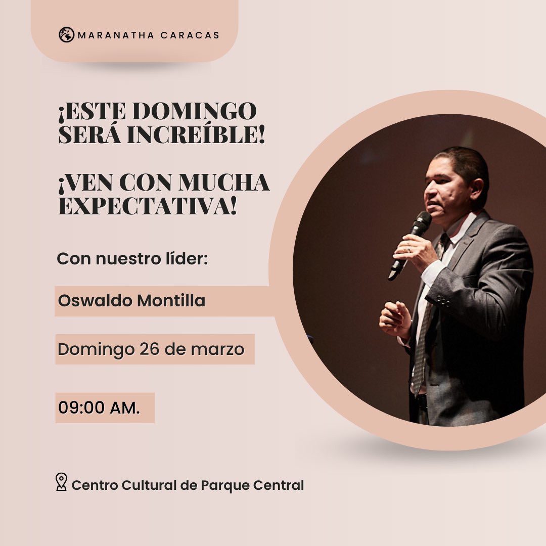 Maranatha_CCS's tweet photo. Este #dom26 será un día increíble. ¡Ven con nosotros y se parte de lo que Dios está haciendo!
Contaremos con la visita de nuestro líder Oswaldo Montilla.
Invita a tus familiares y amigos. ¡Dios desea bendecirte!
Estaremos en el Centro Cultural de Parque Central desde las #9AM. https://t.co/CO4ZVQlvUf