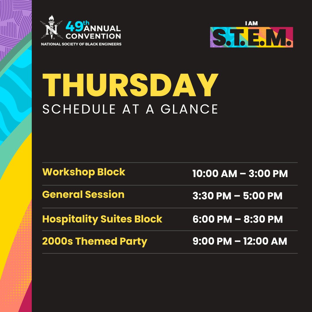 NSBE's tweet photo. Welcome to Day 2 of #NSBE49! Slide for a glance at events!
Please be sure to use the Pheedloop app for times and locations!
#NSBE #NSBE49 #NSBECONVENTION #IAMSTEM #SucceedProfessionally #TechtheFuture #EngagetheNextGeneration #ManageWellness #STEM #BlackEngineers #r5nsbe https://t.co/tsZpcgoO3r