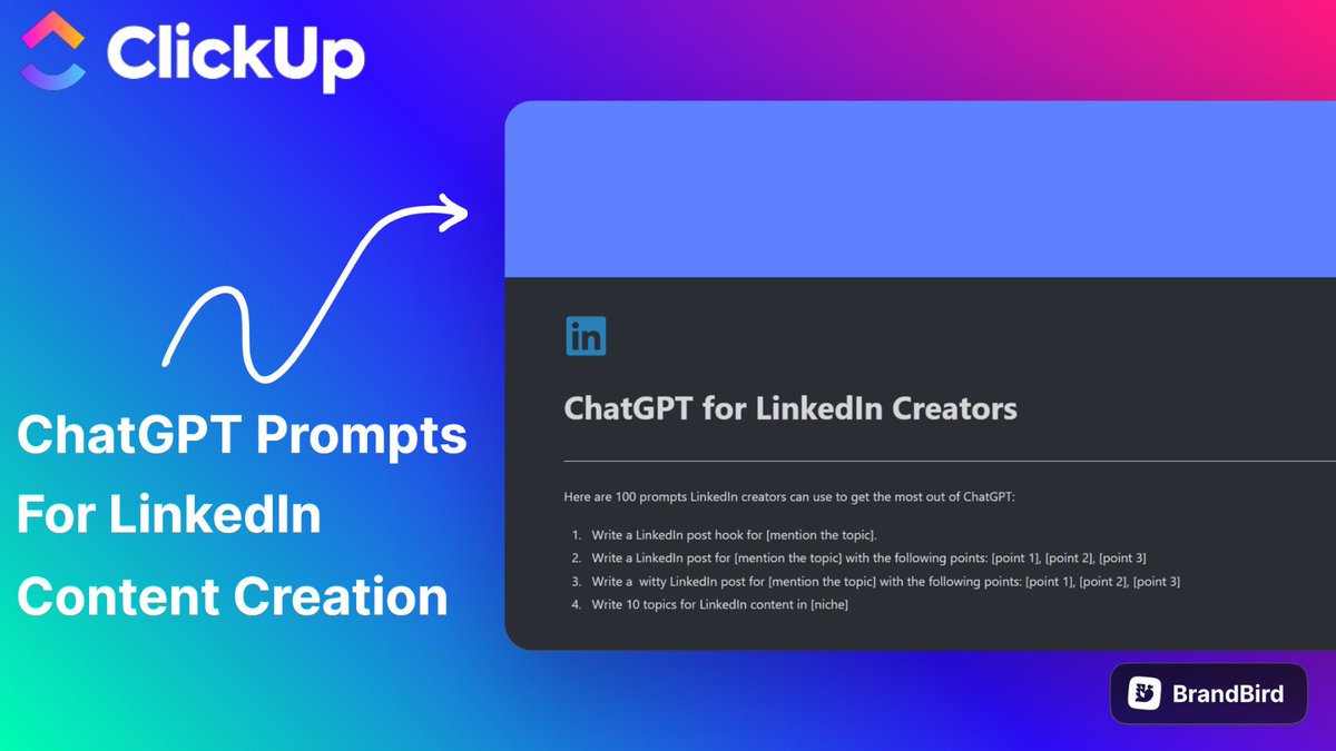 Use LinkedIn to unlock million-dollar opportunities.

I've created a ClickUp resource with ChatGPT prompts for LinkedIn creators.

It is FREE for 24 hours.

To get it,
1. Like
2. Comment '❤️'
3. Retweet

I'll send it to you for FREE

You must be following me or I can't send it.