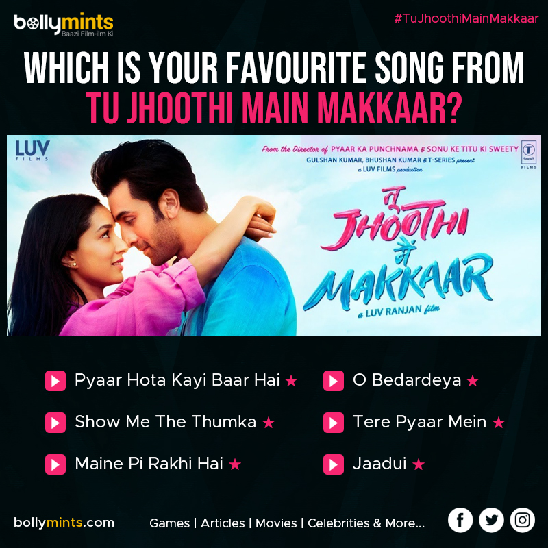 BollyMints's tweet photo. Which Is Your #Favourite #Song From #TuJhoothiMainMakkaar ?
#TerePyaarMein #OBedardeya #ShowMeTheThumka #Jaadui #PyaarHotaKayiBaarHai #MainePiRakhiHai #TuJhoothiMaiMakkaar #TuJhoothiMainMakkaarSongs #RanbirKapoor #ShraddhaKapoor #LuvRanjan https://t.co/DyGRywXXCa