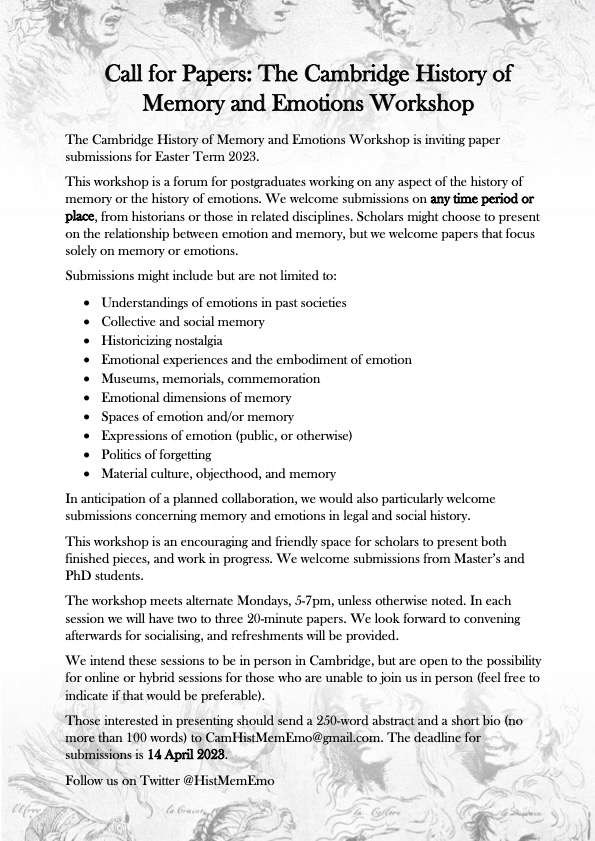 HistMemEmo's tweet photo. 📣 Call for Papers!
We welcome submissions related to memory and/or emotions from any time period or place, from historians or those in related disciplines, and from MA and PhD scholars alike! Please send us your abstracts by 14 April, see further details below ⬇️ https://t.co/TY5NGi0fgK