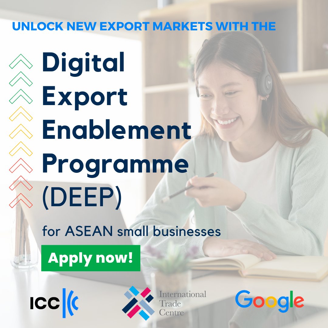 ITCnews's tweet photo. 📢Exciting news for #SmallBusiness owners in @ASEAN!

The Digital Export Enablement Programme (DEEP), launched by @iccwbo, @ITCnews and @Google, is here to boost your digital export skills!

Join the programme to unlock your full potential!

Apply now➡️ https://t.co/0DiHj1sbeg https://t.co/aqZcDabSBS