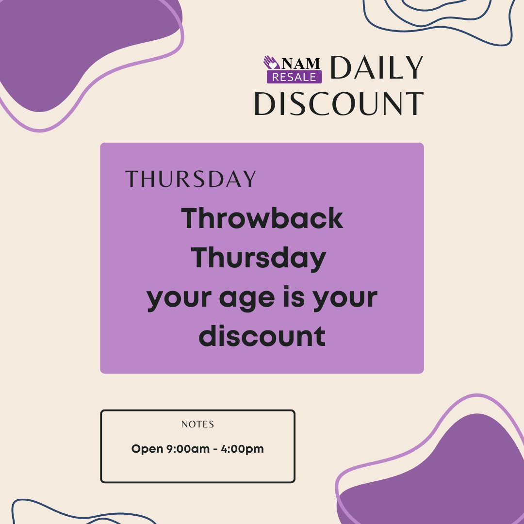 #ThrowbackThursday! Today at the NAM Resale Store, the discount is your age. 
Stop by the store today from 9:00am - 4:00pm to get your personalized discount.
#resale #namresale #namhelps #DISCOUNT #neighborshelpingneighbors