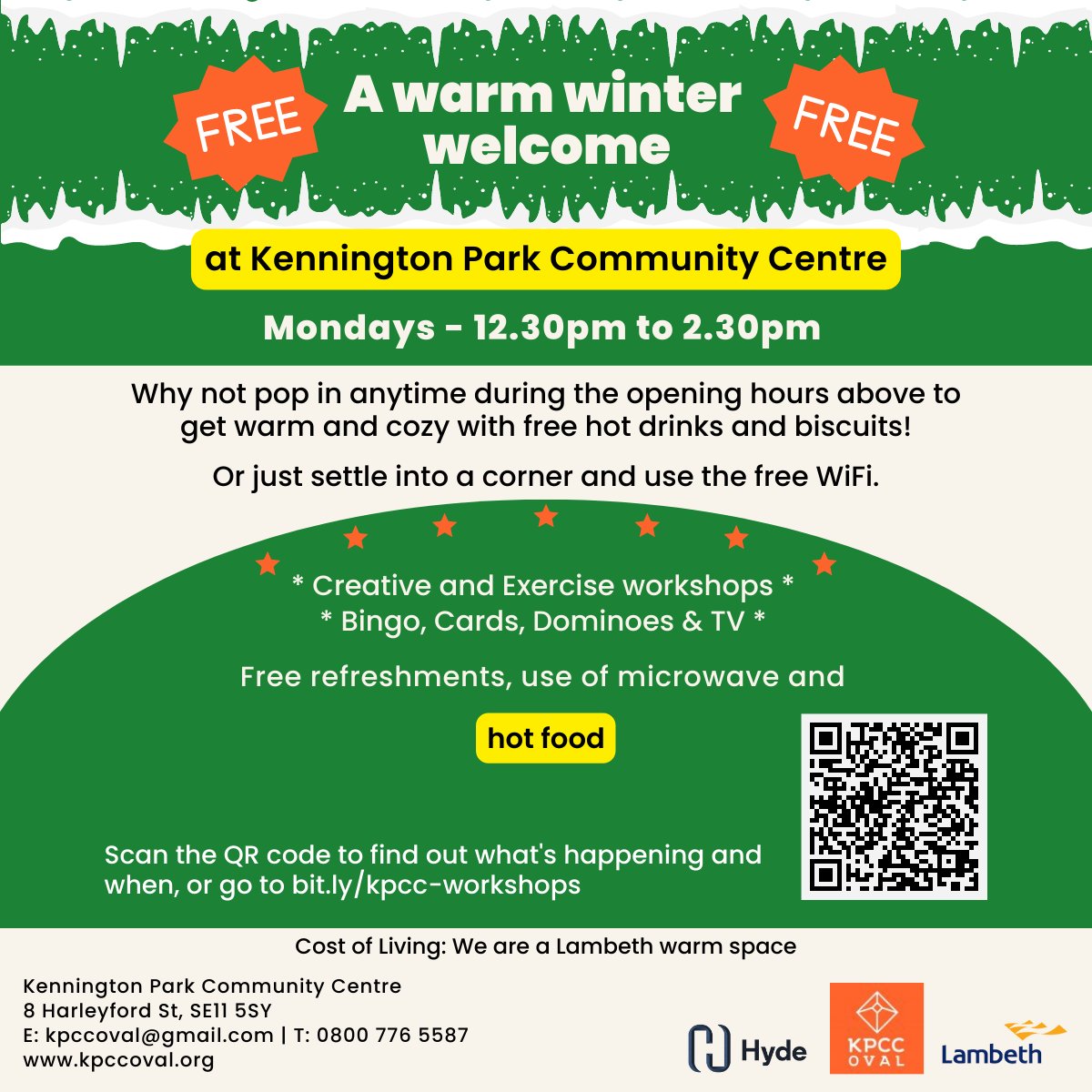 Free hot food, drinks and workshops at Kennington Park Community Centre! Runs until until 27 March 2023. Pop in anytime on Mondays between 12.30pm and 2.30pm for a warm winter welcome! kpccoval.org