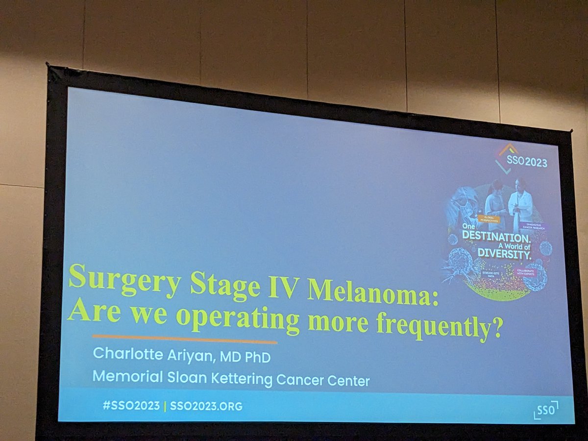 Standing room only in the melanoma session happening in Ballroom C! Great discussion on de-escalation in melanoma, and role of surgery in advanced disease. At the podium now @CharlotteAriyan of @MSKCancerCenter #SSO2023 @SocSurgOnc