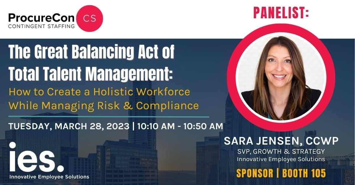 PANEL DISCUSSION: Join #IES SVP, Sara Jensen, at @ProcureCon on 03/28 for a panel discussion on 'The Great Balancing Act of Total Talent Management.” hubs.ly/Q01HJ8QL0

#Sponsor #ProcureCon #ProcureConAustin #ProcureConContingentStaffing #Staffing #Recruiting #totaltalent