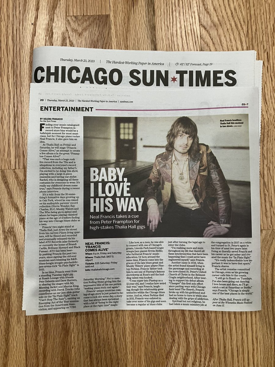 thenealfrancis's tweet photo. Damn what an honor. Thanks @Suntimes 🙏 

Can’t wait for Francis Comes Alive at @ThaliaHallChi this Friday and Saturday! @93XRT https://t.co/UorqVL0w2h