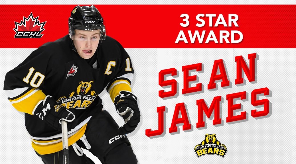 Release | <a href="/SFBears/">Smiths Falls Bears</a> Sean James is the 2022-23 3 Star Award winner.

The 2002 born Almonte, ON native led all players in 3 Star selections through out the season. 9 1st ⭐️, 8 2nd ⭐️, &amp; 4 3rd ⭐️ 

📷 icelevel.com
Graphic | Mark Kelly

🗞️ | thecchl.ca/release-bears-…