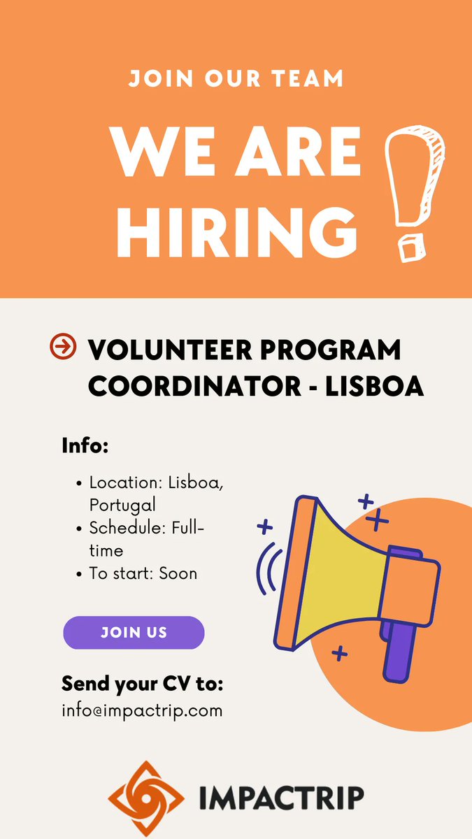 We are Hiring! 
📣 Lisbon - Volunteer Program Coordinator
#HIRINGNOW #volunteercoordinator #Lisbon #SustainableDevelopment #tourism