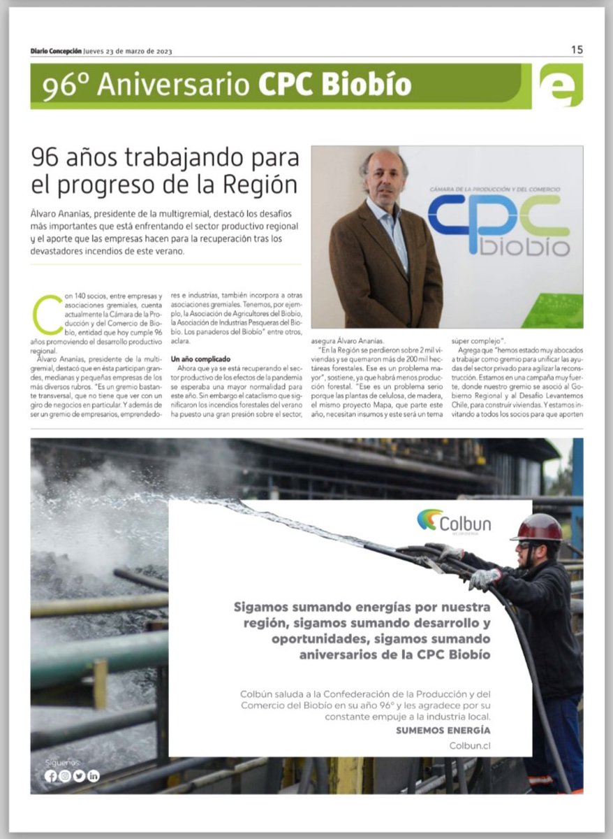 cpcbiobio's tweet photo. 🤝Gracias @DiarioConce por destacar el trabajo que realiza el gremio hace #96años y su aporte para impulsar los sectores económicos de la región.
👍Gracias a nuestros socios de @ColbunEnergia #Fepasa y #Setop por sus saludos de aniversario 🤝🙌 https://t.co/DpXoDqDJDL