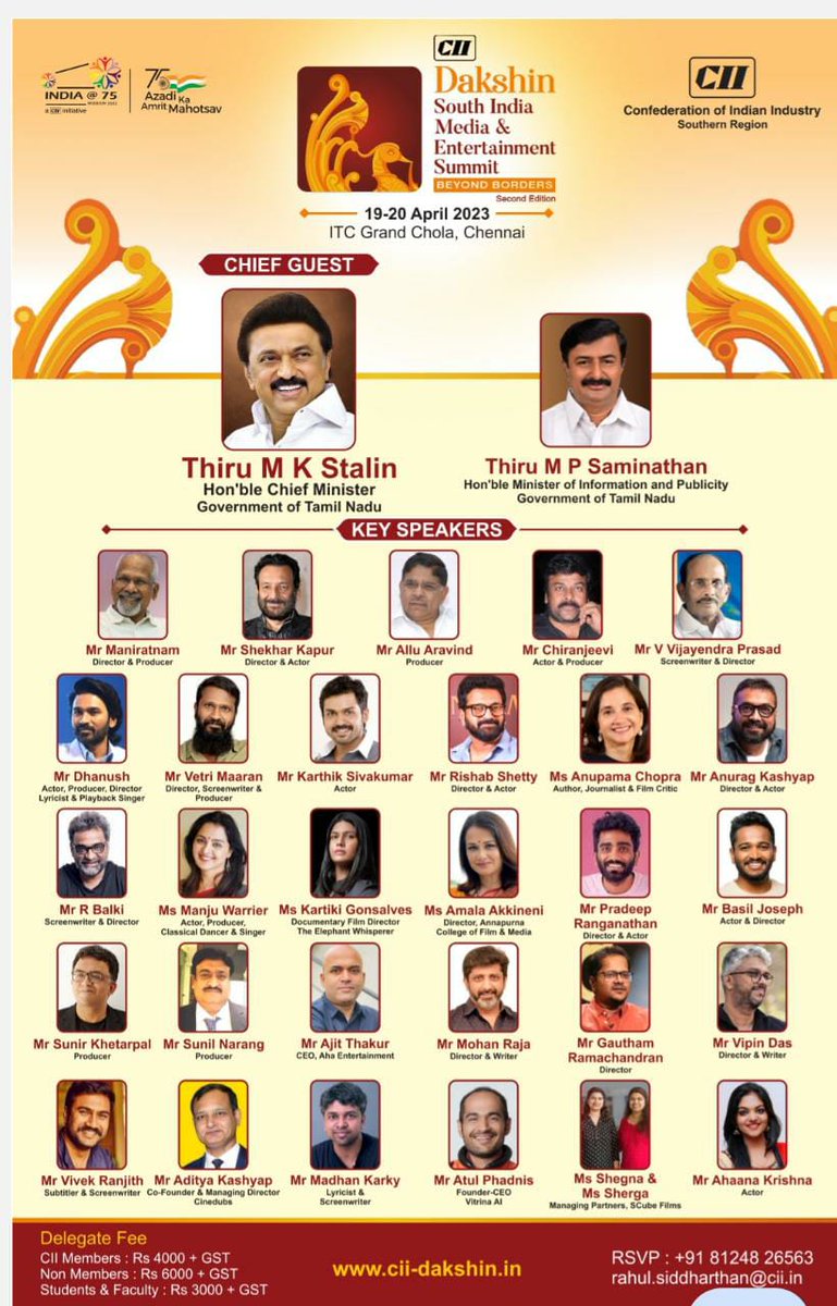 Excited to be a part of the Organizing Team 🙏

#CII #CIIDakshin2023 is Back on 19-20 April at ITC Grand Chola, Chennai: Grandeur &amp; Better with more celebrity speakers &amp; interesting sessions. From <a href="/CII4SR/">CII Southern Region (SR)</a> 🏆

To register check the link here: cam.mycii.in/ORNew/Registra…