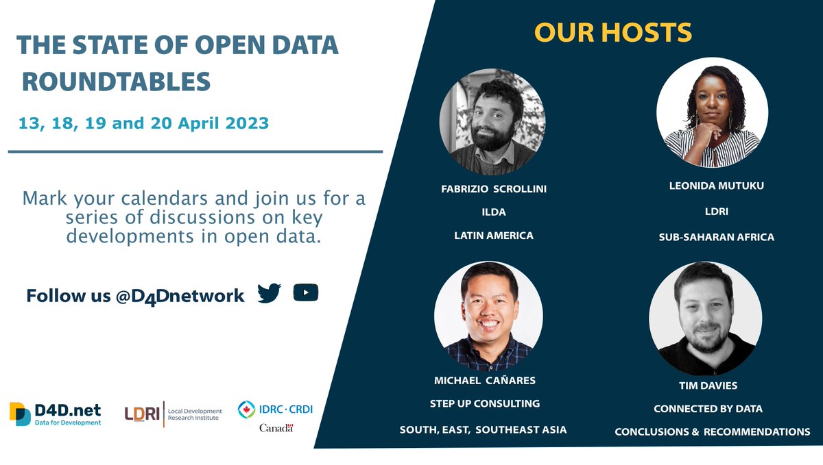 #SaveTheDate
The #StateofOpenData Roundtables are coming soon!

Meet the hosts: 
<a href="/Fscrollini/">Fabrizio Scrollini</a>- #LatinAmerica
@mikorulez- South, East, #SoutheastAsia
<a href="/leomutuku/">Leo Mutuku</a>- #SubSaharanAfrica
 <a href="/timdavies/">Tim Davies - Bsky: @timdavies.org.uk</a>- Recommendations
 
📅13-20April 2023
RSVP: d4d.net/events/the-sta…
#d4dnetwork #SOD23