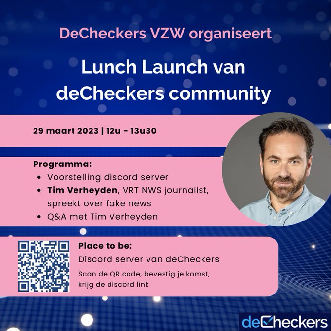 JanJagers's tweet photo. ❗️uitnodiging

Volgende woe 29/3 openen we de community @deCheckers_be 🎉

Om die lancering luister bij te zetten, geeft   @timverheyden gratis online lezing over #fakenews 

Daar hebben we u graag bij 🫵

Gratis inschrijven? Doen. Wees welkom! https://t.co/cAC05gGig3 
#community https://t.co/NVy5TYzy48