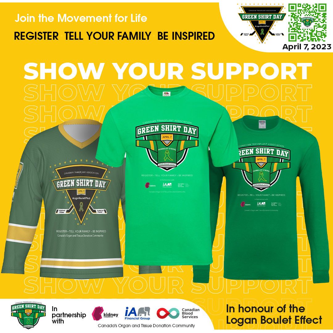 GreenShirtDay's tweet photo. Grab your #GreenShirtDay 5th Anniversary shirts today! This year's design was done by Brandy Hehn, a Saskatchewan two-time organ transplant recipient &amp; talented graphic designer. Show support and purchase your shirt to get it for the 1st week of April!

https://t.co/ylL03l7mAU https://t.co/L0Ho5Y49cb