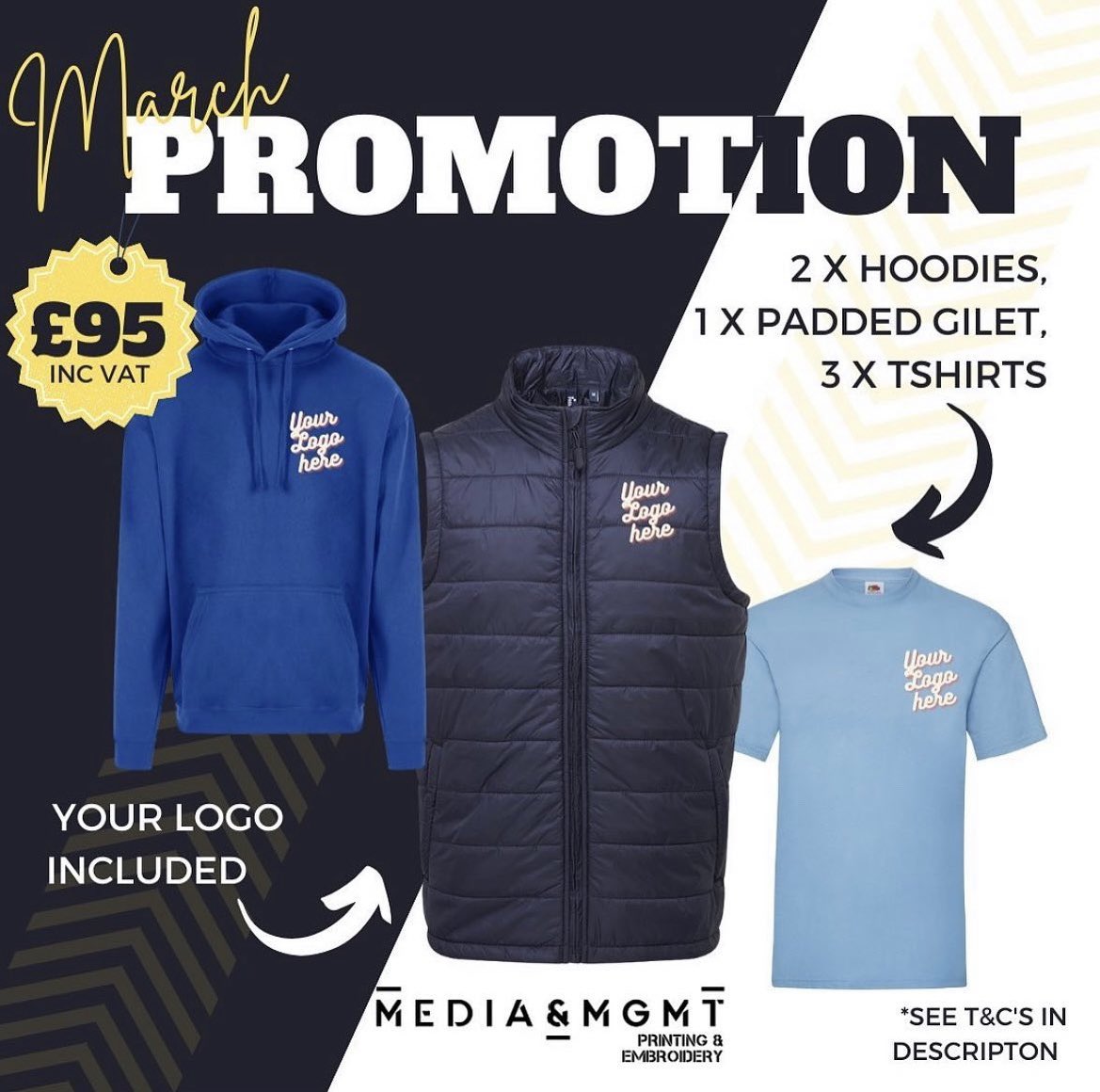 March Bundle offer .. 

1 x Padded Gilet 
2 x Hoodies 
3 x T-shirt’s 
Your choice of colour. 

£95 including VAT. 

#printingexperts #march #promotion #offer 
#printing #doncasterisgreat #uniform #customprints #doncasterbusiness #logoprinting #printingsolution