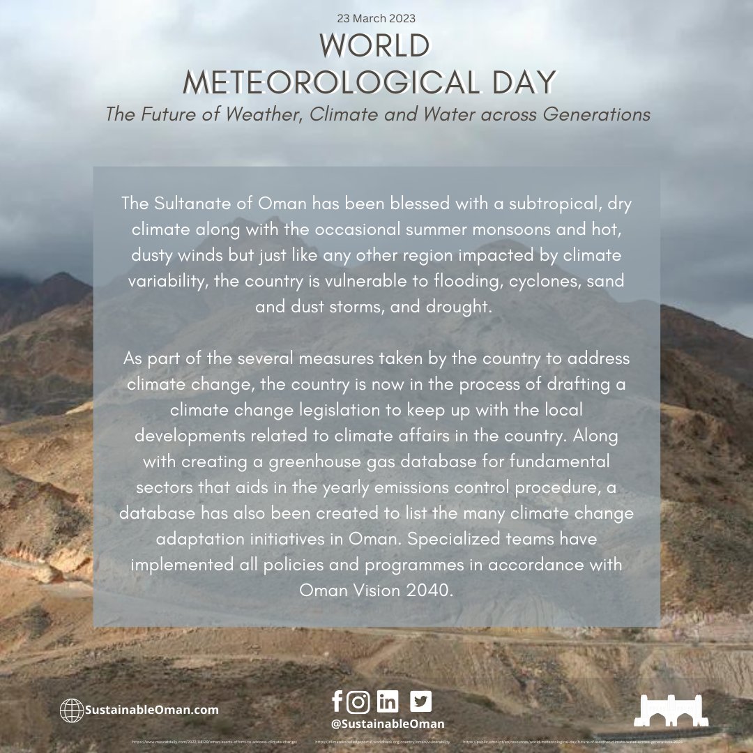 SustainableOman's tweet photo. The planet we live on is interconnected where we share one atmosphere and one ocean. This guiding principle has guided the work of the International Meteorological Organization, and this year marks 150 years of all the work carried out by them

@WMO

#climatechange #WorldMetDay https://t.co/aDt5pvbYGR