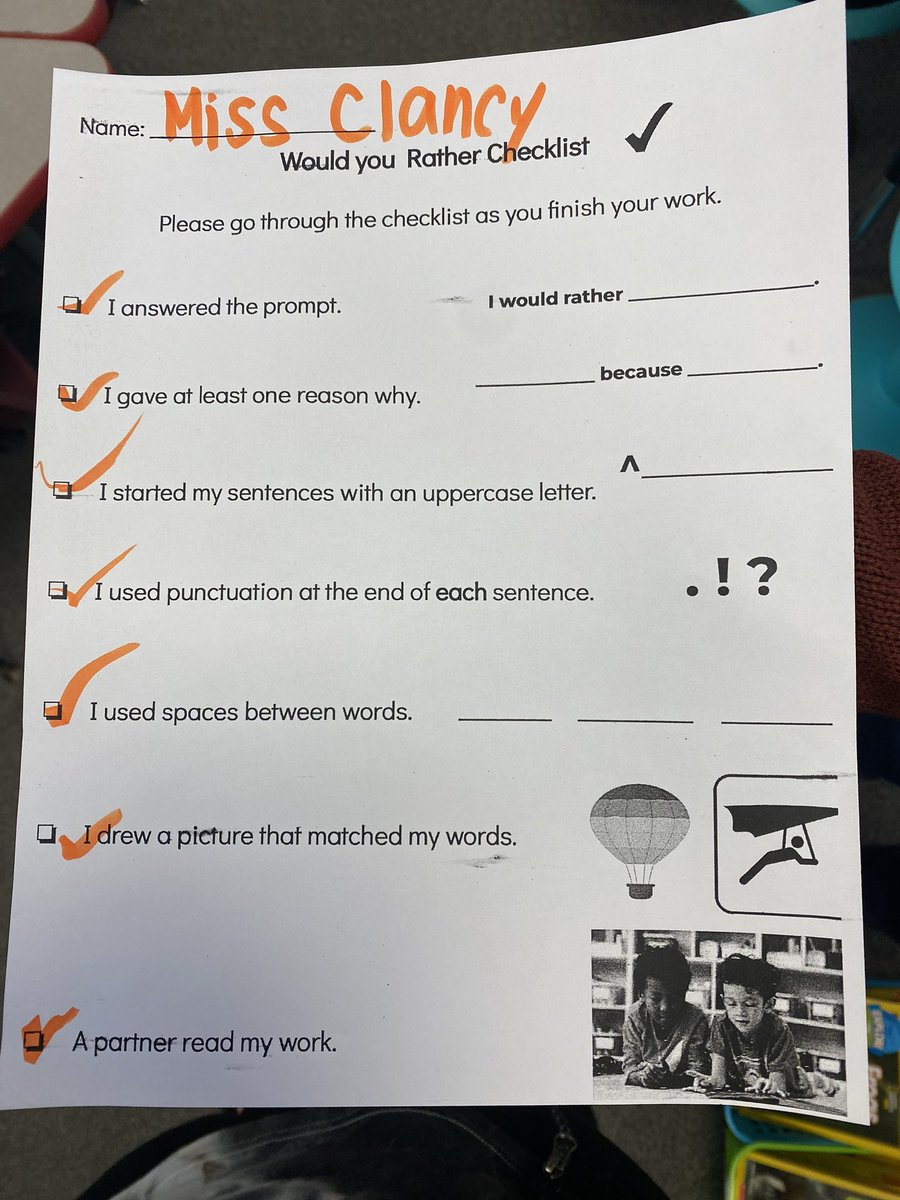 Opinion writing using a checklist to edit our work in Miss Clancy’s first grade. Would you rather go on a hot air balloon ride or hang gliding? Don’t forgot to state your reason! <a href="/Hannahschooners/">Hannah School</a> @beverly_schools
