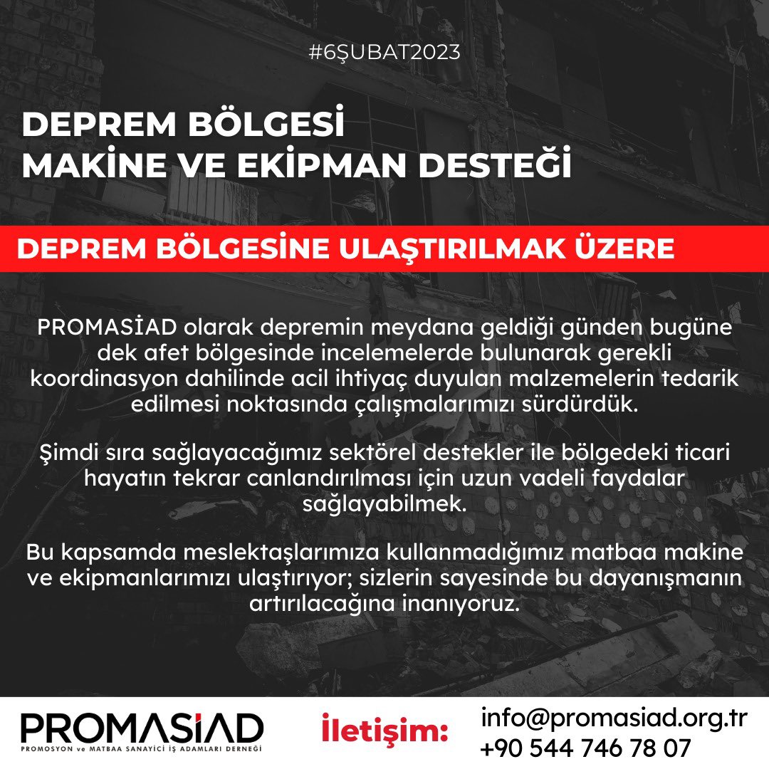 Deprem bölgesinde iş yerleri zarar gören meslektaşlarımıza kapasite dışında kullanılmayan baskı makine ve ekipmanlarımızı ulaştırıyor; sizlerin sayesinde bu dayanışmanın artırılacağına inanıyoruz.

#hepbirlikteayağakalkacağız